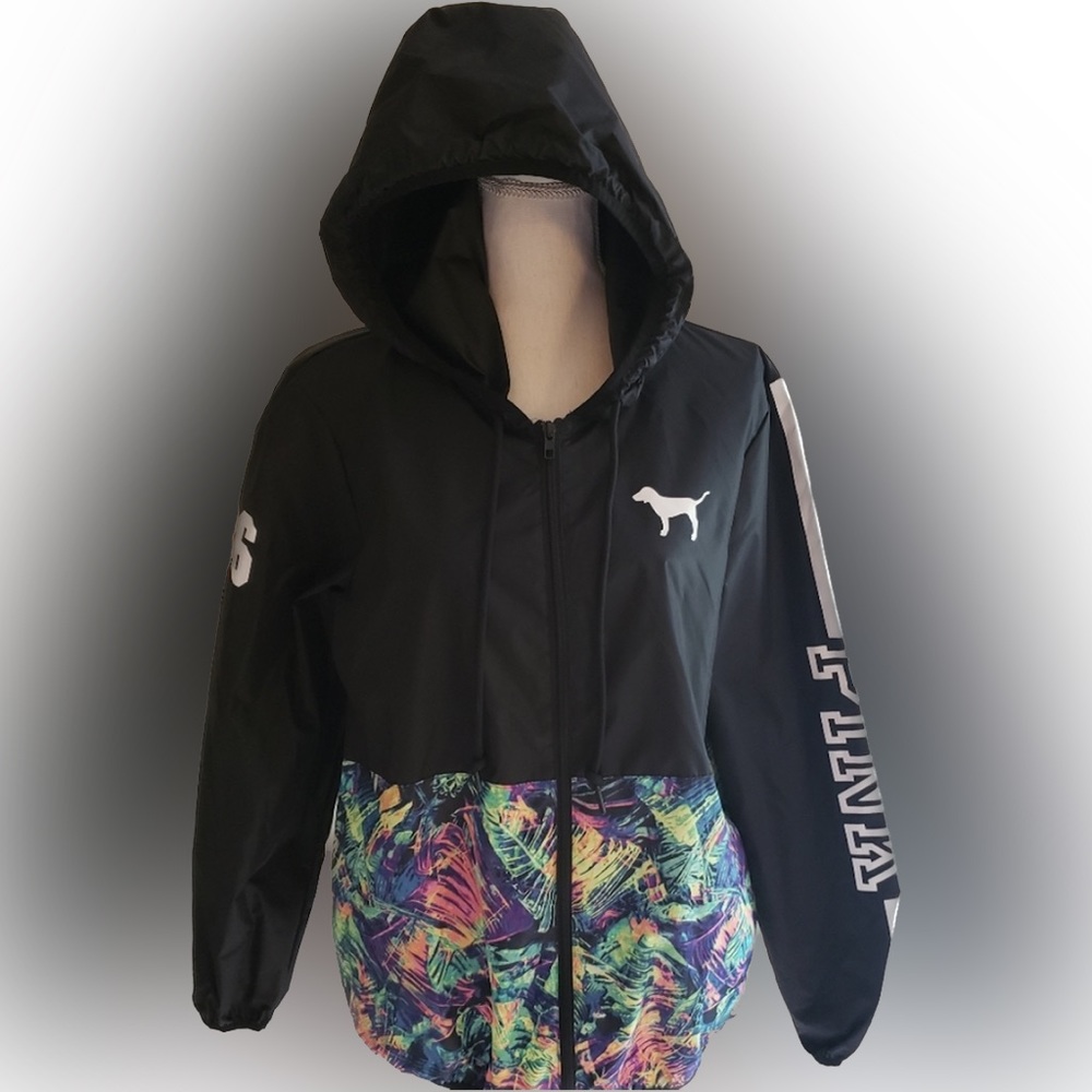 🌦️Victoria Secret Pink Rare Neon Tropical Windbreaker Rain Jacket🤑FINAL PRICE